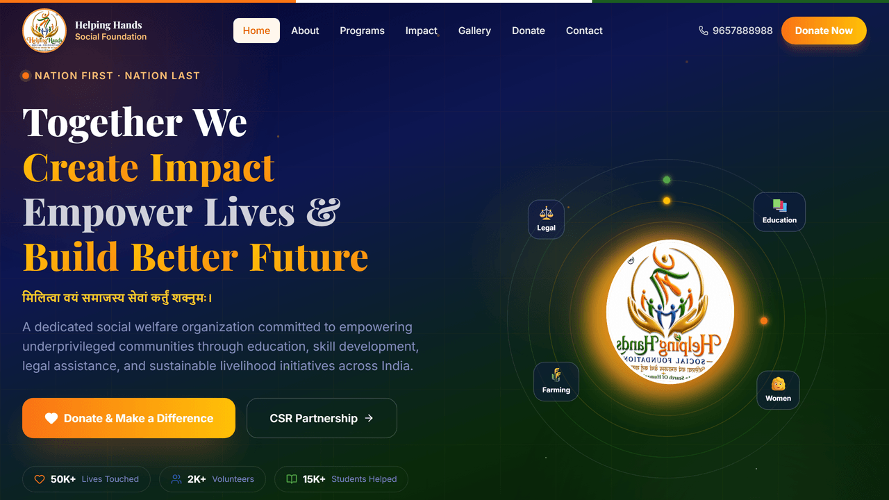Screenshot of the Helping Hands Social Foundation website