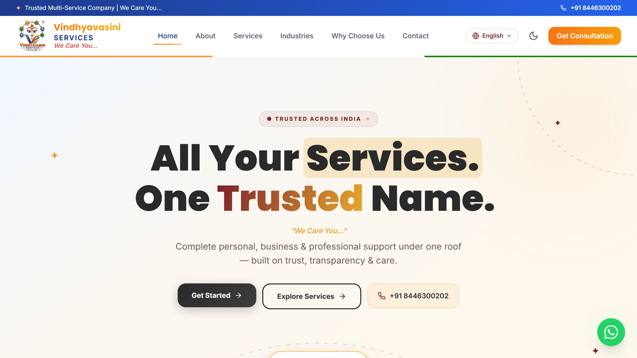 Screenshot of the Vindhyavasini Services website